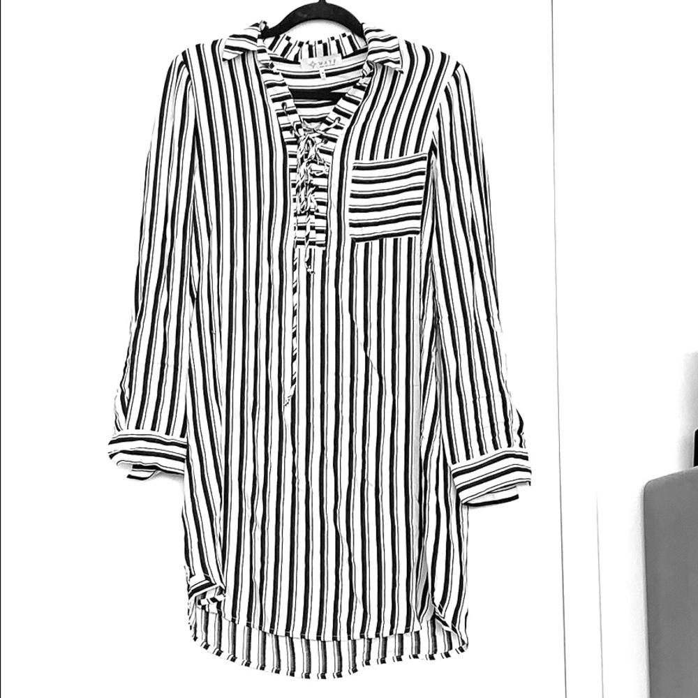 Striped tie pocket oversized dress